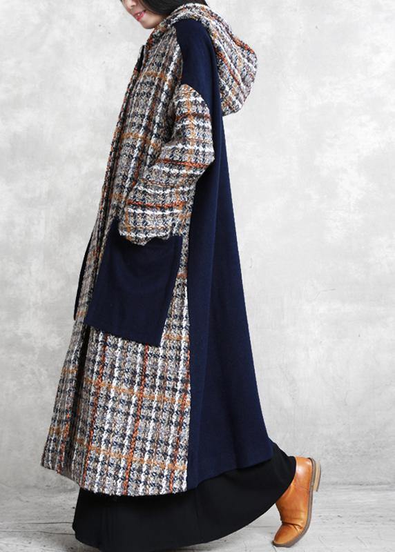 Boutique Long Winter Coat Blue Plaid Patchwork Hooded Wool Overcoat