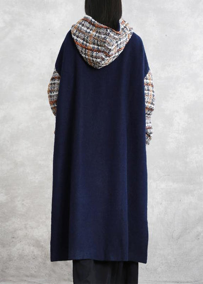 Boutique Long Winter Coat Blue Plaid Patchwork Hooded Wool Overcoat
