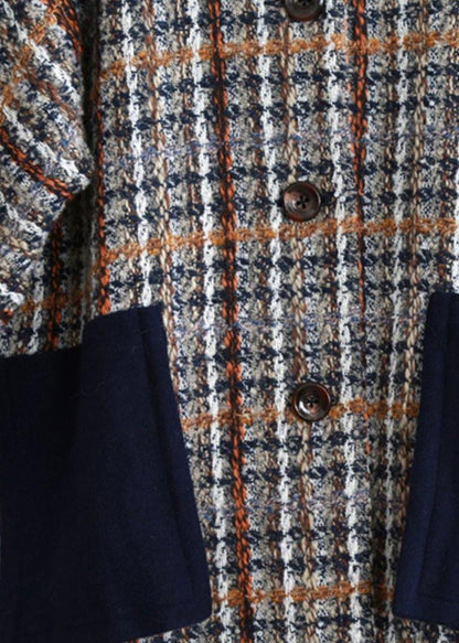Boutique Long Winter Coat Blue Plaid Patchwork Hooded Wool Overcoat