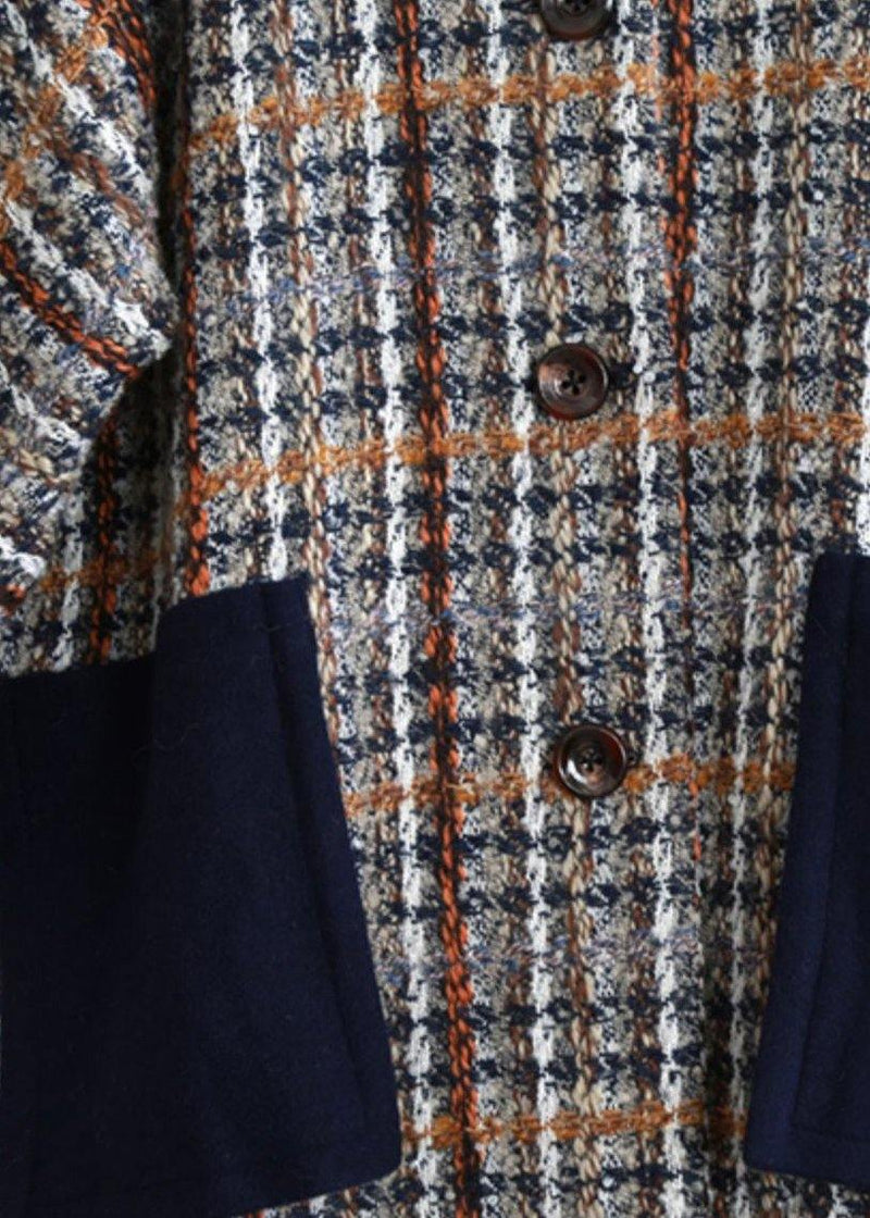 Boutique Long Winter Coat Blue Plaid Patchwork Hooded Wool Overcoat