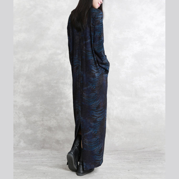 Boutique Dark Blue Print Natural Silk Cotton Blended Dress Loose Fitting V Neck Asymmetrical Design Traveling Dress Boutique Long Sleeve Patchwork Kaftans