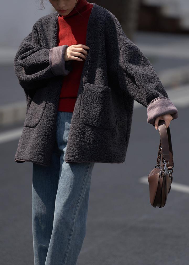 Boutique Dark Gray Woolen Coats Winter Jackets V Neck Pockets Coats