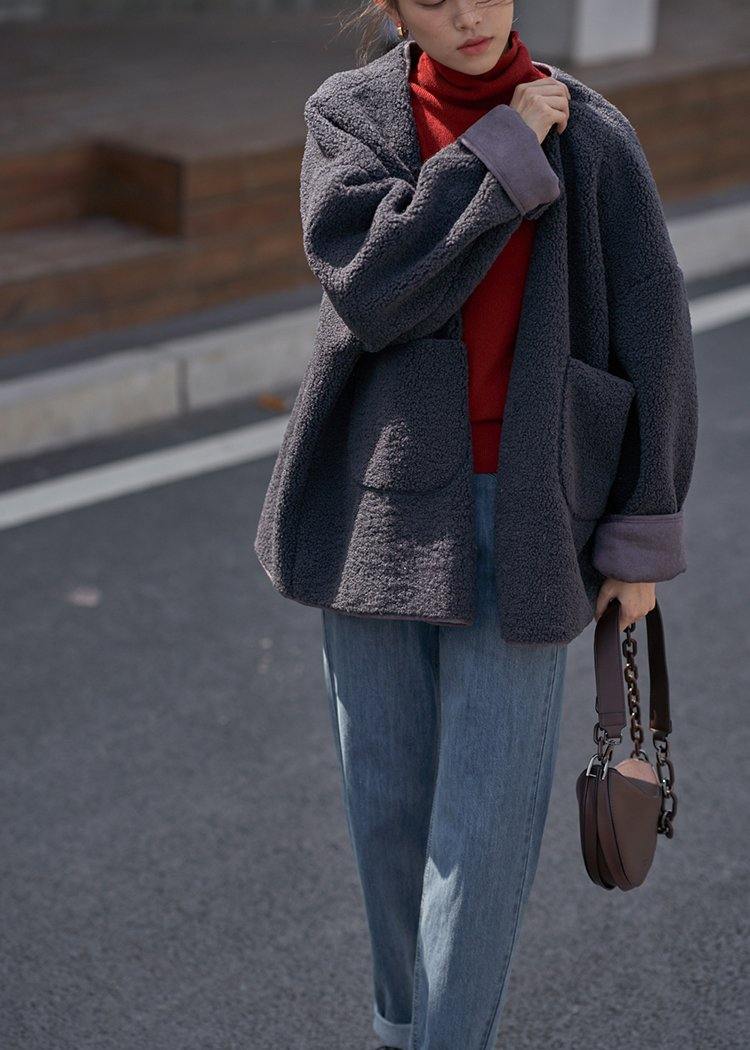 Boutique Dark Gray Woolen Coats Winter Jackets V Neck Pockets Coats