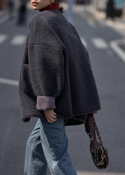 Boutique Dark Gray Woolen Coats Winter Jackets V Neck Pockets Coats