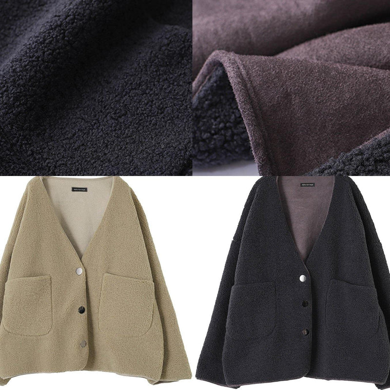 Boutique Dark Gray Woolen Coats Winter Jackets V Neck Pockets Coats