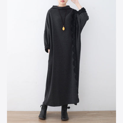 Boutique Dark Gray Linen Dresses Lack Patchwork Traveling Dress Asymmetrical Maxi Dresses