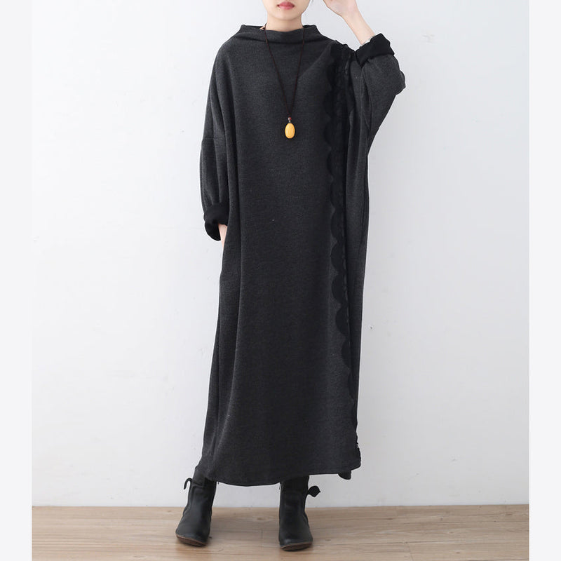 Boutique Dark Gray Linen Dresses Lack Patchwork Traveling Dress Asymmetrical Maxi Dresses