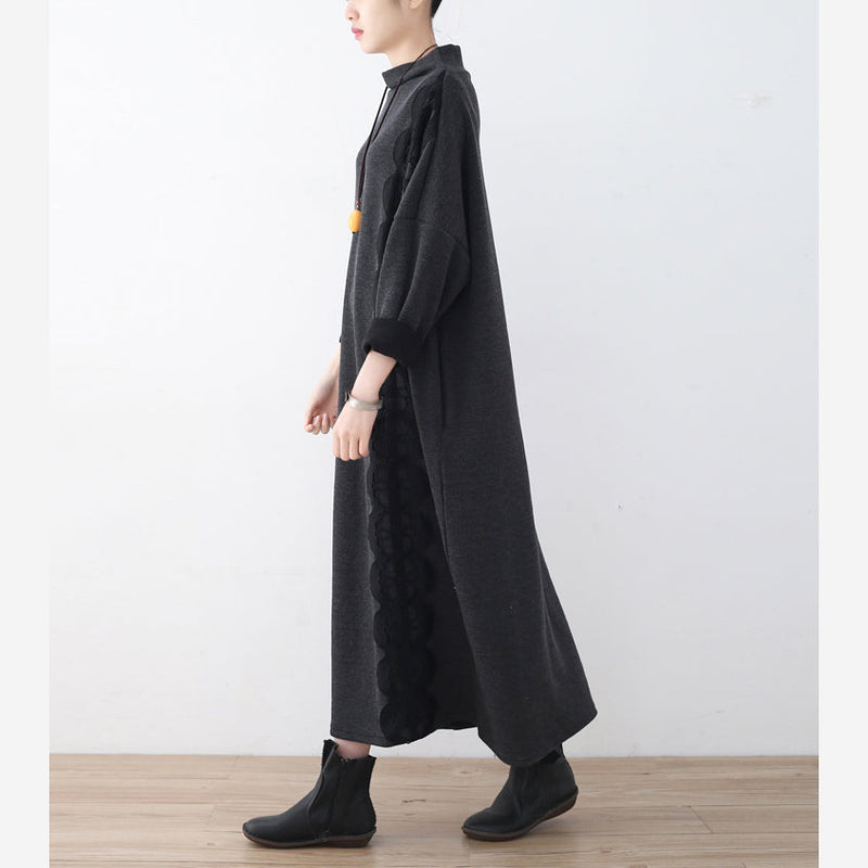 Boutique Dark Gray Linen Dresses Lack Patchwork Traveling Dress Asymmetrical Maxi Dresses
