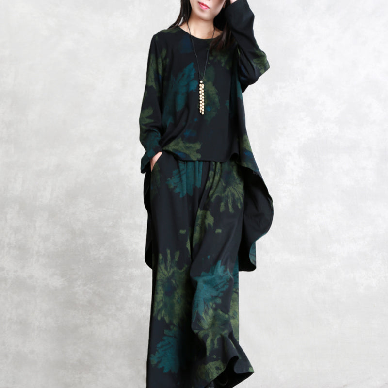 Boutique Cotton Blended Two Pieces Oversized Maxi T Shirts Fine Long Sleeve Asymmetric O Neck Pockets Tops Cotton Blended Baggy Trouse