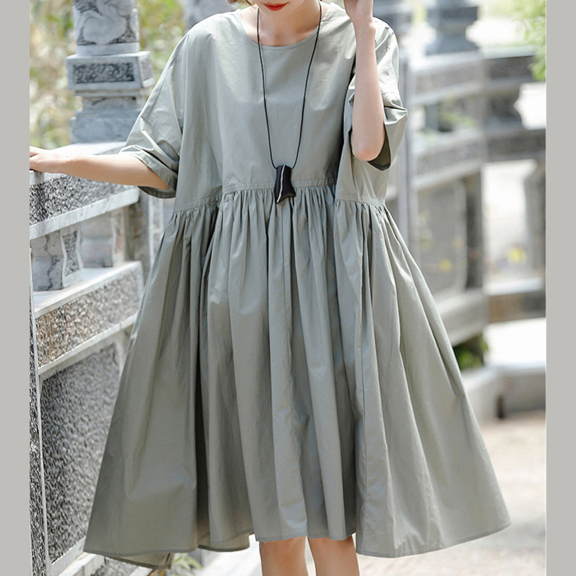 Boutique Gray Cotton Holiday Dresses New Short Sleeve Cinched O Neck Baggy Dresses