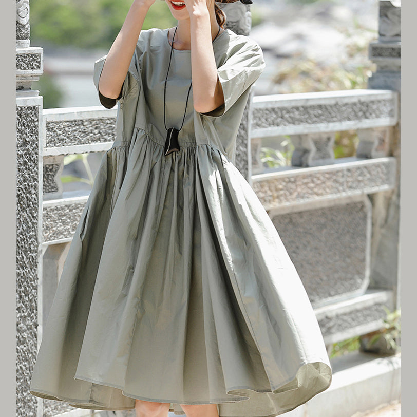 Boutique Gray Cotton Holiday Dresses New Short Sleeve Cinched O Neck Baggy Dresses