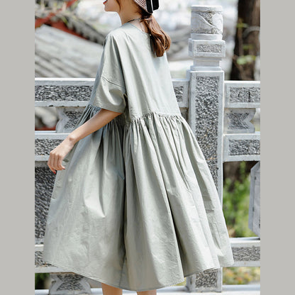 Boutique Gray Cotton Holiday Dresses New Short Sleeve Cinched O Neck Baggy Dresses