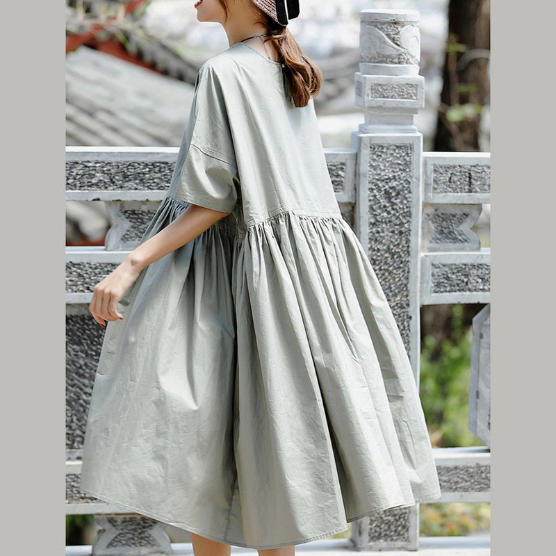 Boutique Gray Cotton Holiday Dresses New Short Sleeve Cinched O Neck Baggy Dresses
