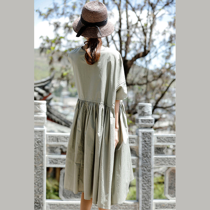Boutique Gray Cotton Holiday Dresses New Short Sleeve Cinched O Neck Baggy Dresses