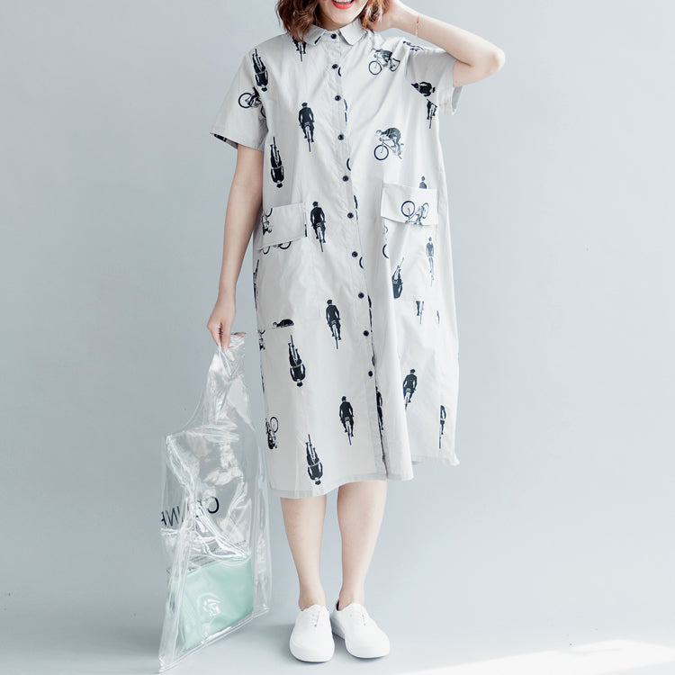 Boutique Gray Print Pure Cotton Dress Dress Boutique Short Sleeve Pockets Turn-down Collar Hollow Out Midi Dress