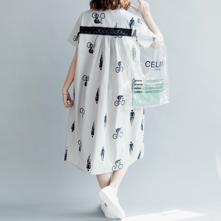 Boutique Gray Print Pure Cotton Dress Dress Boutique Short Sleeve Pockets Turn-down Collar Hollow Out Midi Dress