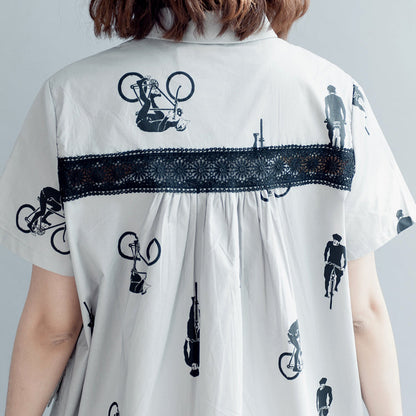 Boutique Gray Print Pure Cotton Dress Dress Boutique Short Sleeve Pockets Turn-down Collar Hollow Out Midi Dress