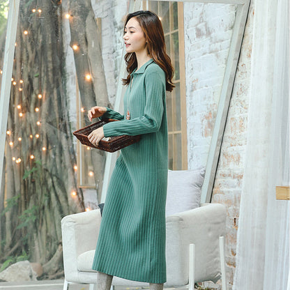 Boutique Green Knit Dresses V Neck Long Knit Sweaters Square Collar Pockets Winter Dresses