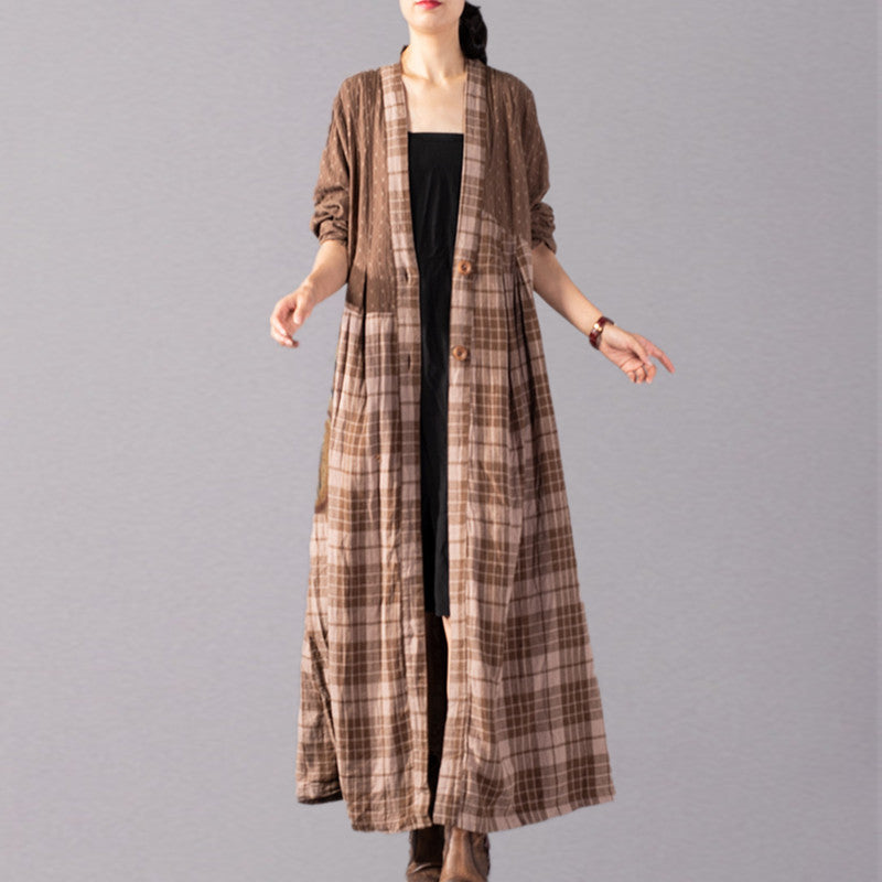 Boutique Khaki Plaid Coats Loose Fitting V Neck Large Hem Long Coat Boutique Patchwork Maxi Coat