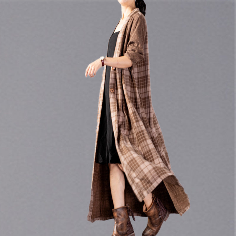 Boutique Khaki Plaid Coats Loose Fitting V Neck Large Hem Long Coat Boutique Patchwork Maxi Coat