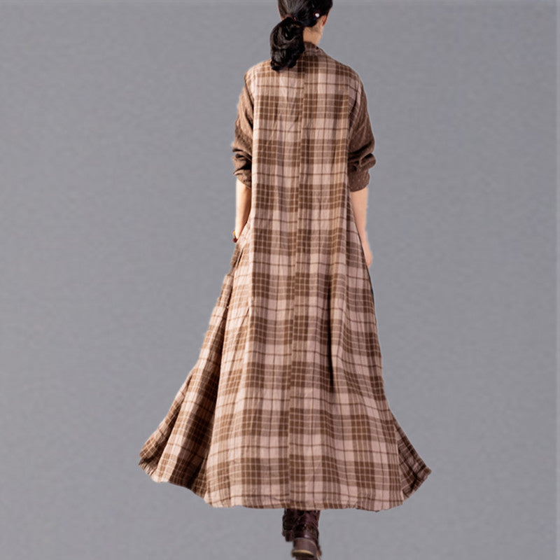 Boutique Khaki Plaid Coats Loose Fitting V Neck Large Hem Long Coat Boutique Patchwork Maxi Coat
