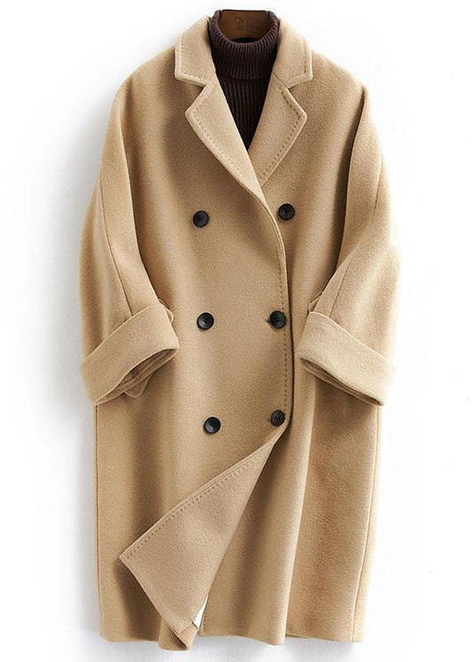 Boutique Khaki Woolen Coat Long Coat Double Breast Woolen Notched Outwear
