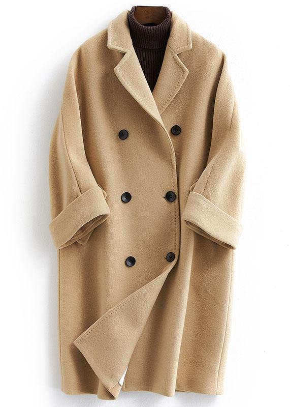 Boutique Khaki Woolen Coat Long Coat Double Breast Woolen Notched Outwear