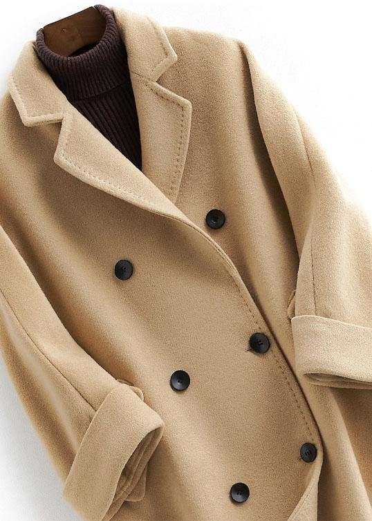 Boutique Khaki Woolen Coat Long Coat Double Breast Woolen Notched Outwear