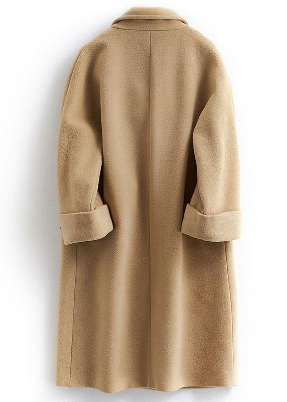Boutique Khaki Woolen Coat Long Coat Double Breast Woolen Notched Outwear