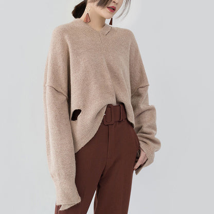 Boutique Khaki Cozy Sweater V Neck Knitted Tops Fine Asymmetrical Design Top