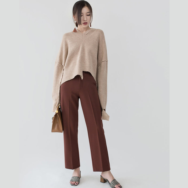 Boutique Khaki Cozy Sweater V Neck Knitted Tops Fine Asymmetrical Design Top