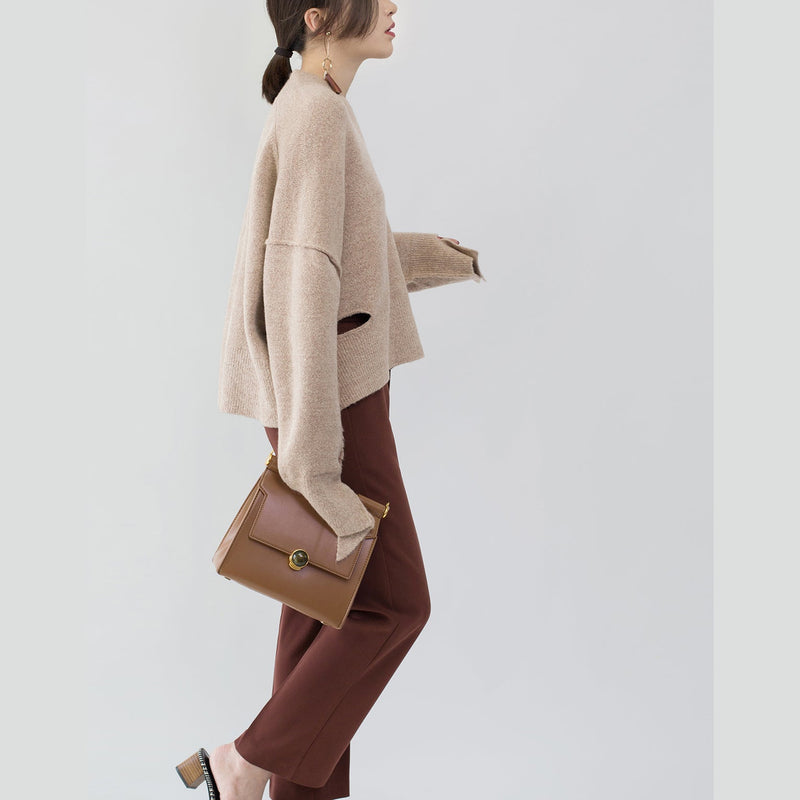 Boutique Khaki Cozy Sweater V Neck Knitted Tops Fine Asymmetrical Design Top