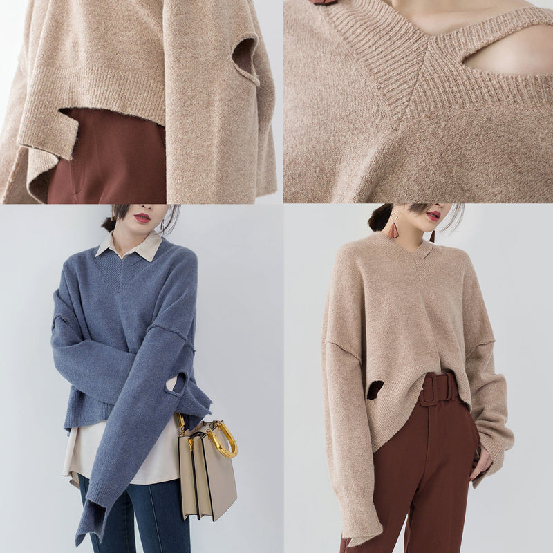 Boutique Khaki Cozy Sweater V Neck Knitted Tops Fine Asymmetrical Design Top