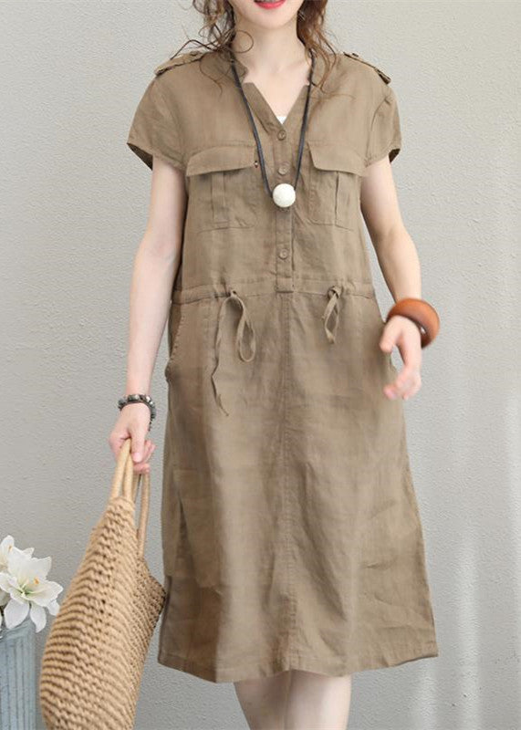 Boutique Khaki Linen Dresses Linen Clothing Dresses Drawstring V Neck Midi Dress