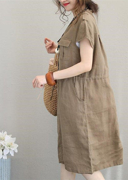 Boutique Khaki Linen Dresses Linen Clothing Dresses Drawstring V Neck Midi Dress