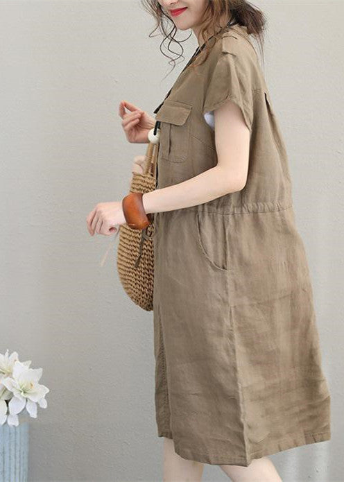 Boutique Khaki Linen Dresses Linen Clothing Dresses Drawstring V Neck Midi Dress