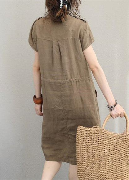 Boutique Khaki Linen Dresses Linen Clothing Dresses Drawstring V Neck Midi Dress