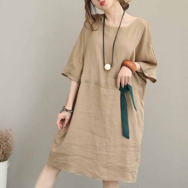 Boutique Khaki Pure Linen Dress Loose Fitting Linen Clothing Dresses Waist Drawstring Bracelet Sleeved Midi Dress