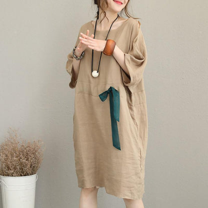 Boutique Khaki Pure Linen Dress Loose Fitting Linen Clothing Dresses Waist Drawstring Bracelet Sleeved Midi Dress
