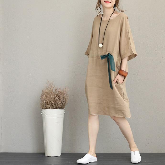 Boutique Khaki Pure Linen Dress Loose Fitting Linen Clothing Dresses Waist Drawstring Bracelet Sleeved Midi Dress