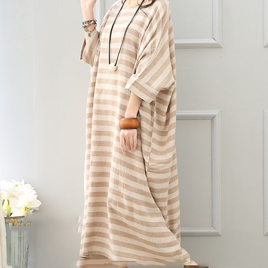 Boutique Khaki Striped Linen Maxi Dress O Neck Linen Gown Batwing Sleeve Gown