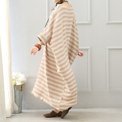 Boutique Khaki Striped Linen Maxi Dress O Neck Linen Gown Batwing Sleeve Gown
