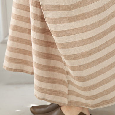 Boutique Khaki Striped Linen Maxi Dress O Neck Linen Gown Batwing Sleeve Gown