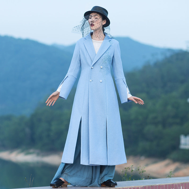 Boutique Light Blue Woolen Coat Loose Fitting Long Coat Open Long Sleeve Embroidery Coats