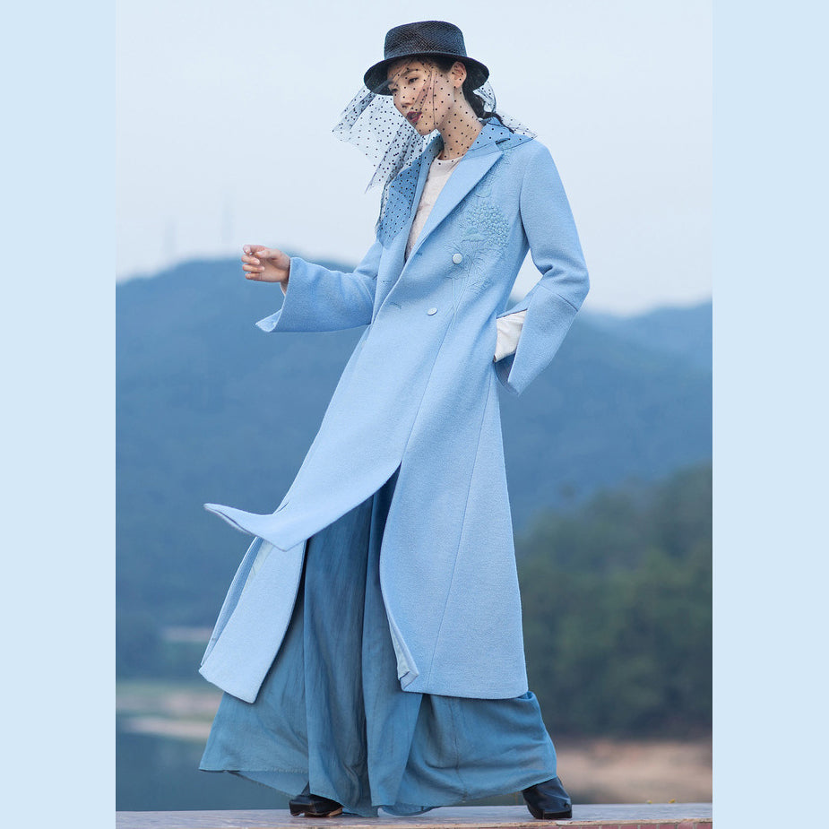 Boutique Light Blue Woolen Coat Loose Fitting Long Coat Open Long Sleeve Embroidery Coats