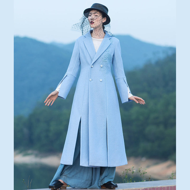 Boutique Light Blue Woolen Coat Loose Fitting Long Coat Open Long Sleeve Embroidery Coats