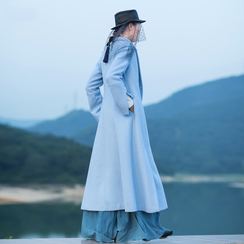 Boutique Light Blue Woolen Coat Loose Fitting Long Coat Open Long Sleeve Embroidery Coats