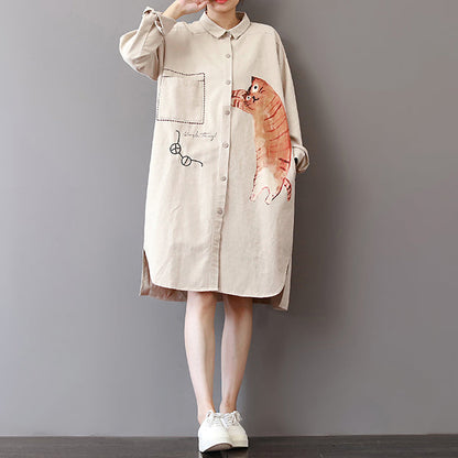 Boutique Light Khaki Cotton Shift Dress Loose Fitting Holiday Dresses Fine Side Open Shirt Dress