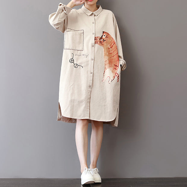 Boutique Light Khaki Cotton Shift Dress Loose Fitting Holiday Dresses Fine Side Open Shirt Dress
