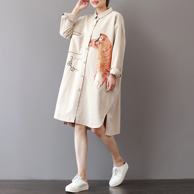 Boutique Light Khaki Cotton Shift Dress Loose Fitting Holiday Dresses Fine Side Open Shirt Dress